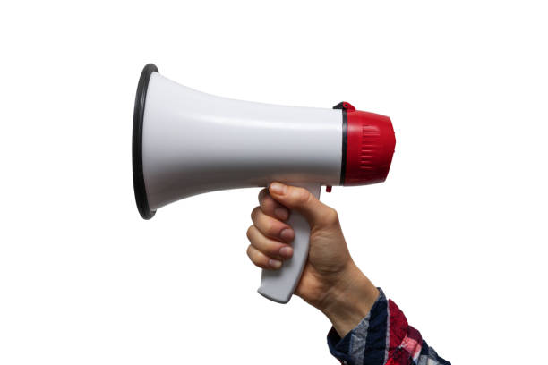 istock announcement - hand with megaphone isolated on white background 861276214