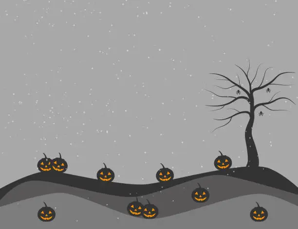 Vector illustration of Halloween pumpkins and dead tree on the snowing night.