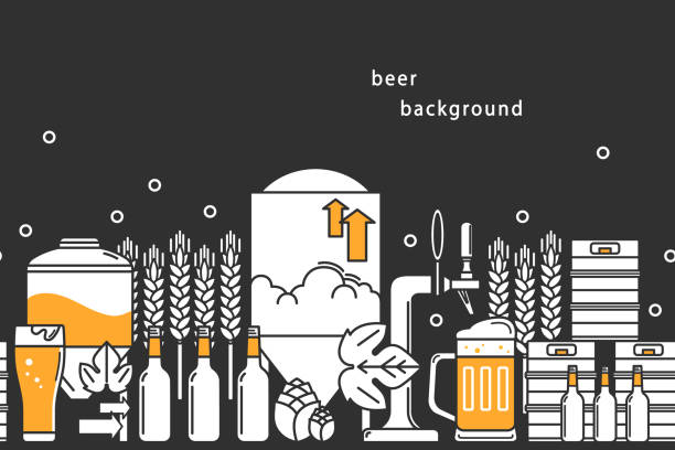 Beer. Vector background. Bottles, keg, glass, mug, equipment for brewery, hops, wheat. Line icons on a dark background. Beer. Vector background. Bottles, keg, glass, mug, equipment for brewery, hops, wheat. Line icons on a dark background. brewery stock illustrations
