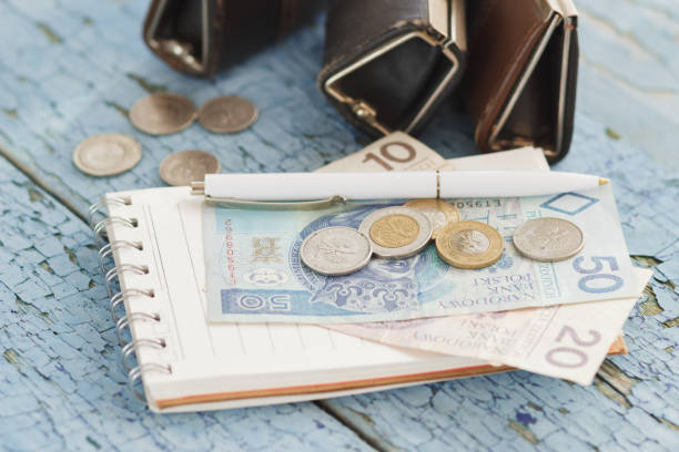 istock Polish zloty with little wallets and notebook on the wooden background 861290708