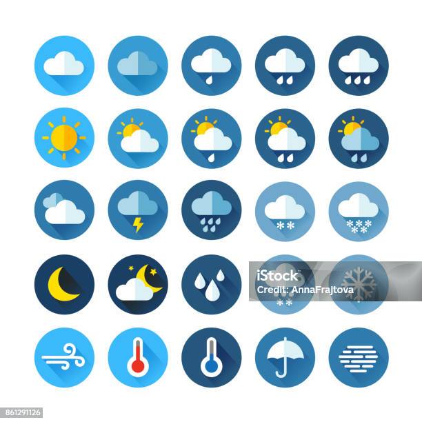 Ilustración de Iconos Weather y más Vectores Libres de Derechos de Tiempo atmosférico - Tiempo atmosférico, Ícono, Meteorología