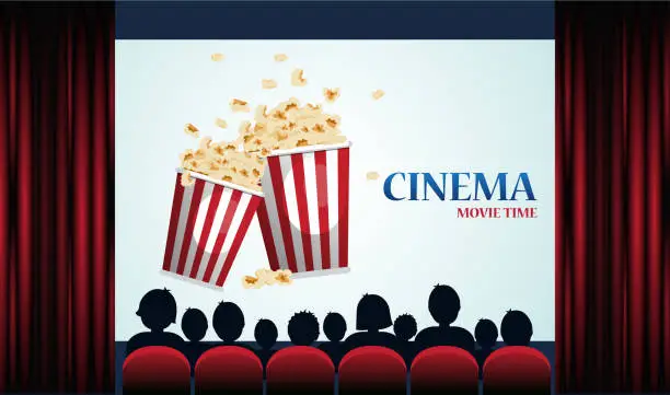 Vector illustration of Cinema poster with popcorn, screen and red curtains .Vector illustration
