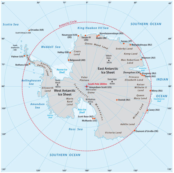 antarctic vector map Orthographic view of the South Pole, antarctic vector map antartica stock illustrations