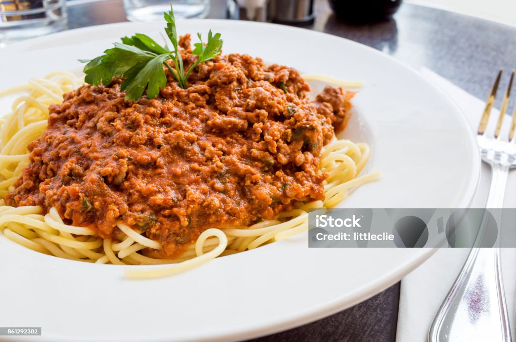 Food tasty pasta-Italian meat sauce pasta on the table Basil Stock Photo