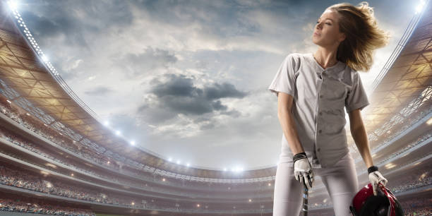 Softball female player on a professional arena