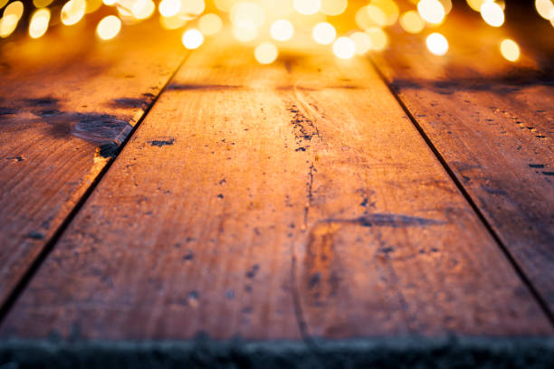 Christmas background - Old Wood Defocused Gold Lights