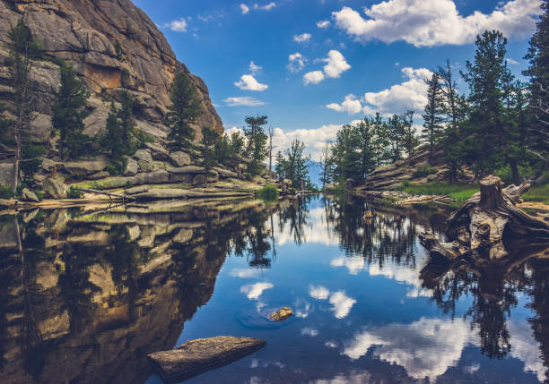 Gem Lake Reflections Perfectly still water on Gem Lake with reflection of blue sky, clouds, mountains, and trees, Estes Park, Colorado rocky mountain national park stock pictures, royalty-free photos & images