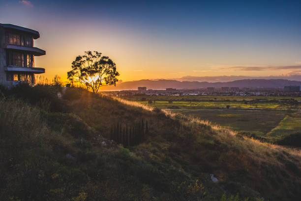 Dynamic sunset over the Ballona Wetlands from a scenic viewpoint on the Bluff Trail, Los Angeles, California
