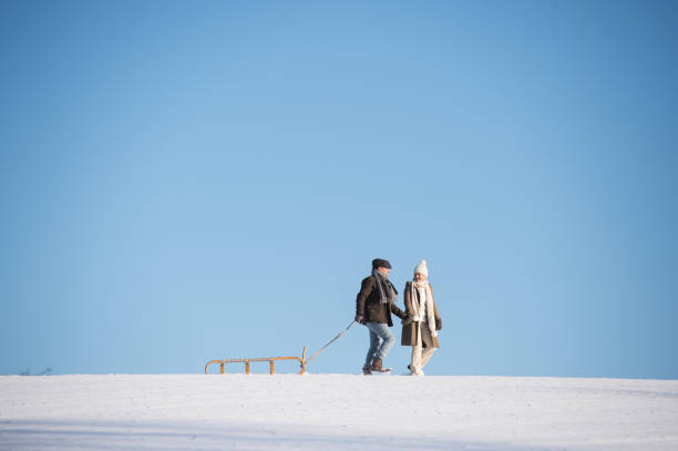 istock Beautiful senior couple on a walk pulling sledge, winter day. 861336228