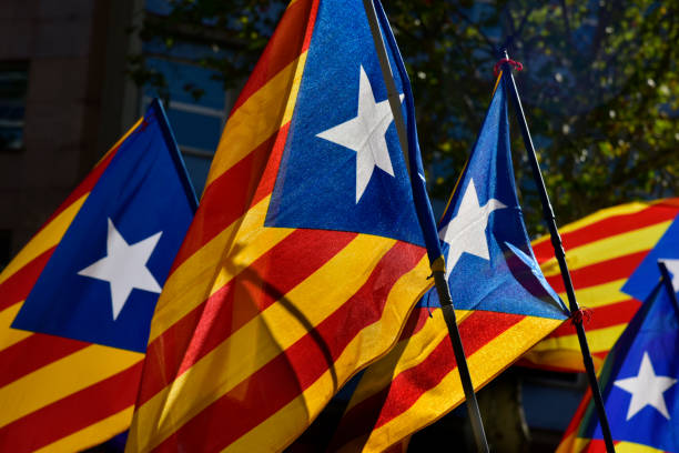 some estelada, the catalan pro-independence flag some estelada, the catalan pro-independence flag, against the sky, with a retro effect catalonia stock pictures, royalty-free photos & images