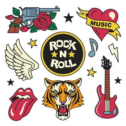 Vector illustration of rock music badges and symbols, such as gun and rose, heart with the ribbon, tiger face, guitar, open mouth and wings. Isolated on white.