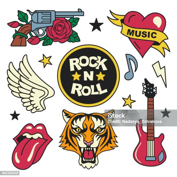 Rock And Roll Patches Collection Stock Illustration - Download Image Now - Rock Music, Tattoo, Early Rock & Roll