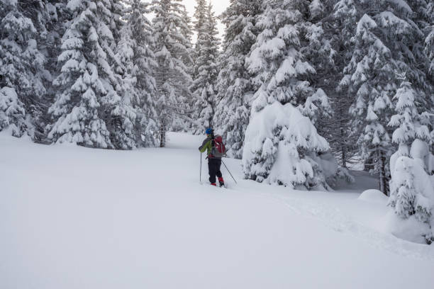 istock Traveler, with backpack, is walking in deep snow 861336380