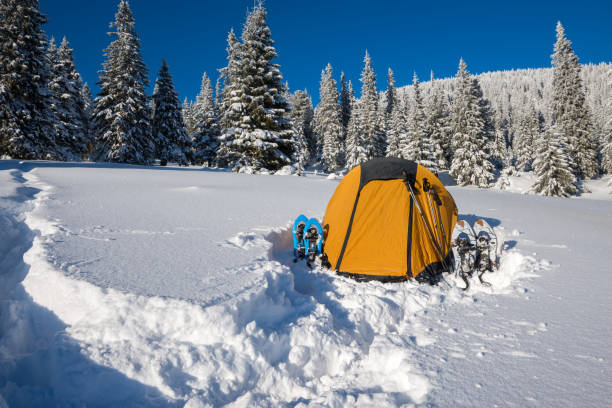 istock Yellow tent and snowshoes in a deep snow 861337180