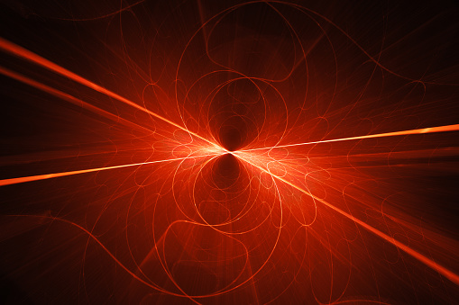 Futuristic glowing red lines and curves in space, computer generated abstract background, 3D rendering