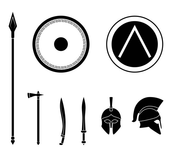 Set of ancient greek spartan weapon and protective equipment. Set of ancient greek spartan weapon and protective equipment. Spear, sword, gladius, shield, axe, helmet. Warrior outfit Vector illustration spear stock illustrations