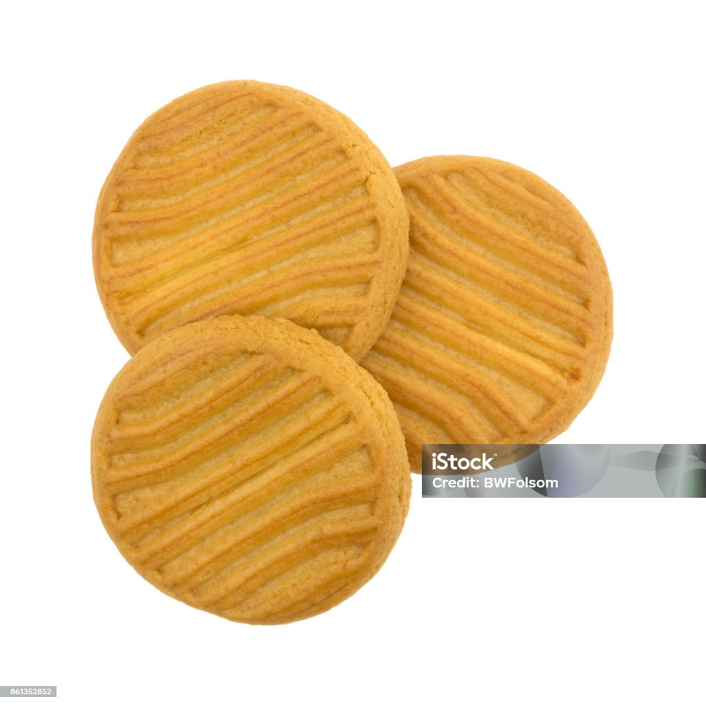 Three sugar free shortbread cookies Top view of three sugar free shortbread cookies isolated on a white background. Baked Stock Photo