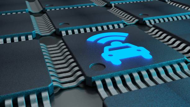 Closeup of connected CPUs with a glowing car and wifi symbol stock photo