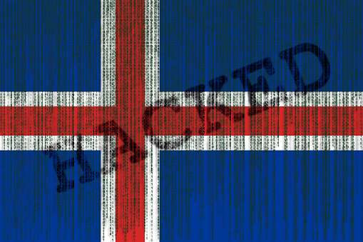 Data Hacked Iceland flag. Iceland flag with binary code.