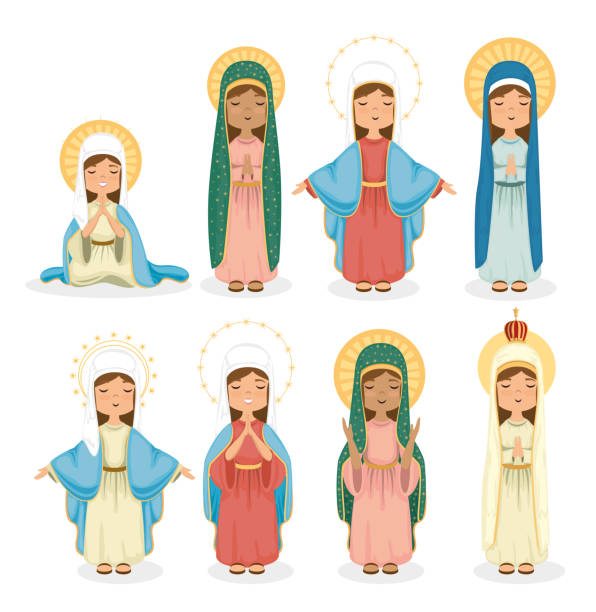 ilustraciones, imágenes clip art, dibujos animados e iconos de stock de tarjeta religiosa del grupo de vírgenes santas - innocence