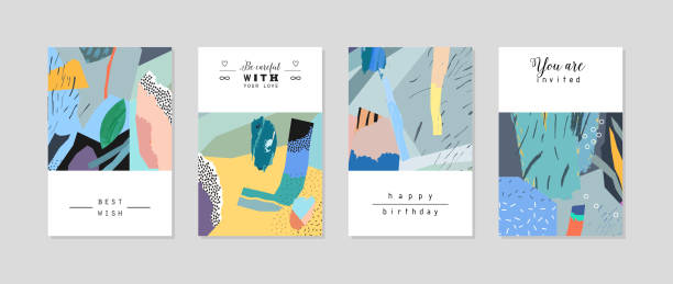 創造的なアート ポスターやカードはさまざまな形やテクスチャ。 - patchwork appliqué multi colored textile点のイラスト素材／クリップアート素材／マンガ素材／アイコン素材