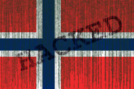 Data Hacked Norway flag. Norway flag with binary code.
