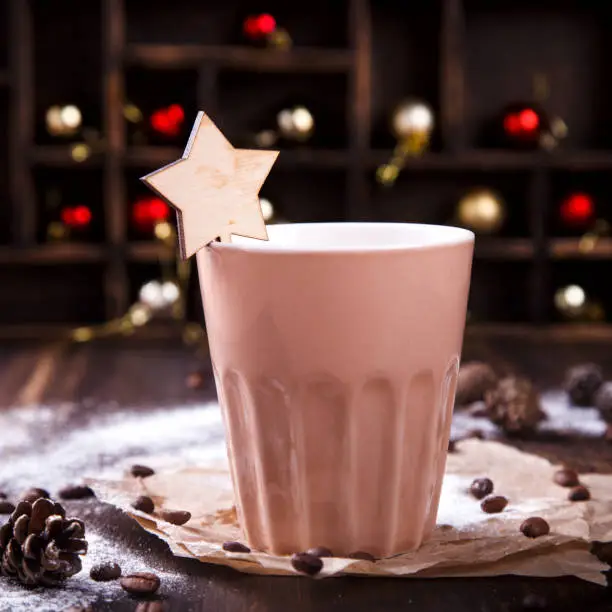 Christmas hot Beverage,coffee,hot chocolate.New Year, Christmas card.Holiday Decorations.selective focus.