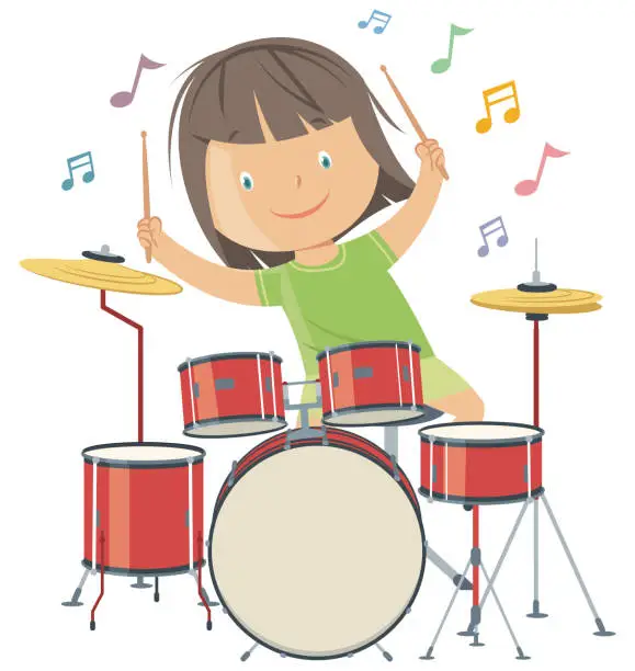 Vector illustration of Girl playing drums
