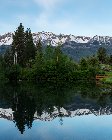 Snowcapped Wallowa Mountain Range in spring with symmetrical reflection