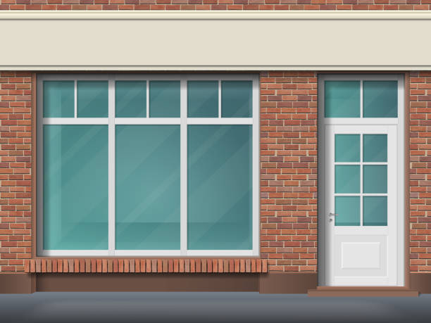 ilustraciones, imágenes clip art, dibujos animados e iconos de stock de tienda de ladrillo frente con gran ventana transparente - shopping window