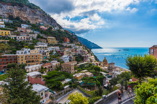 Positano, Italy - 15 September 2017 - A very famous touristic summer town on the sea in southern Italy, province of Salerno, Amalfi Coast. Here in particular: the cityscape with tourists and the sea