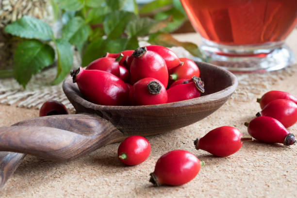 istock Fresh rose hips on a wooden spoon 861388764