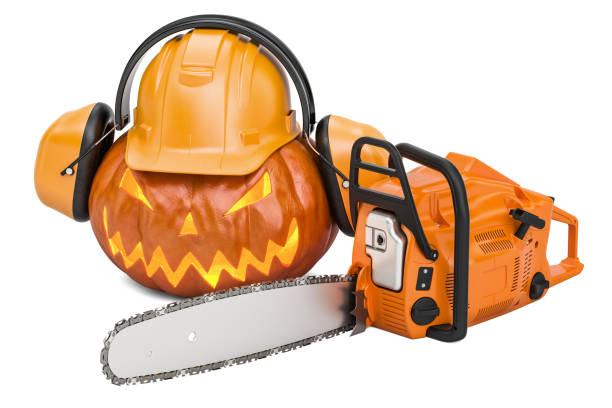 Halloween pumpkin with hardhat, ear defenders and chainsaw, 3D rendering