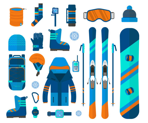 ilustraciones, imágenes clip art, dibujos animados e iconos de stock de colección de iconos de deporte de invierno. esquí y snowboard equipo del sistema - snow gear