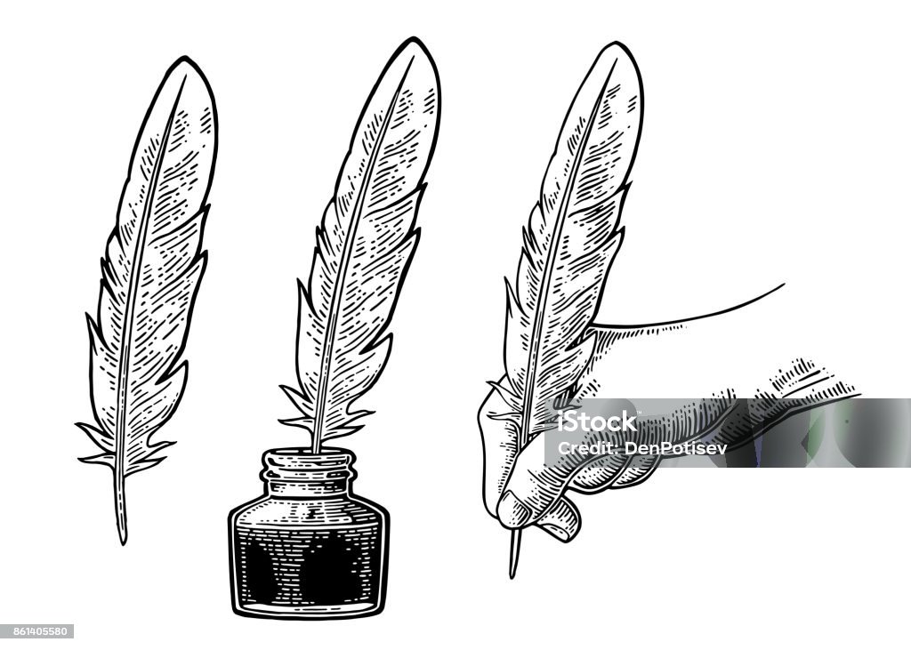 Inkwell and female hand holding a goose feather. Vector engraving Inkwell and female hand holding a goose feather. Vector black vintage engraving illustration for poster, label, banner, web. Isolated on white background Feather stock vector