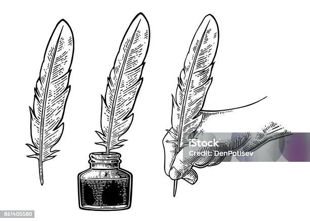 Inkwell And Female Hand Holding A Goose Feather Vector Engraving Stock Illustration - Download Image Now