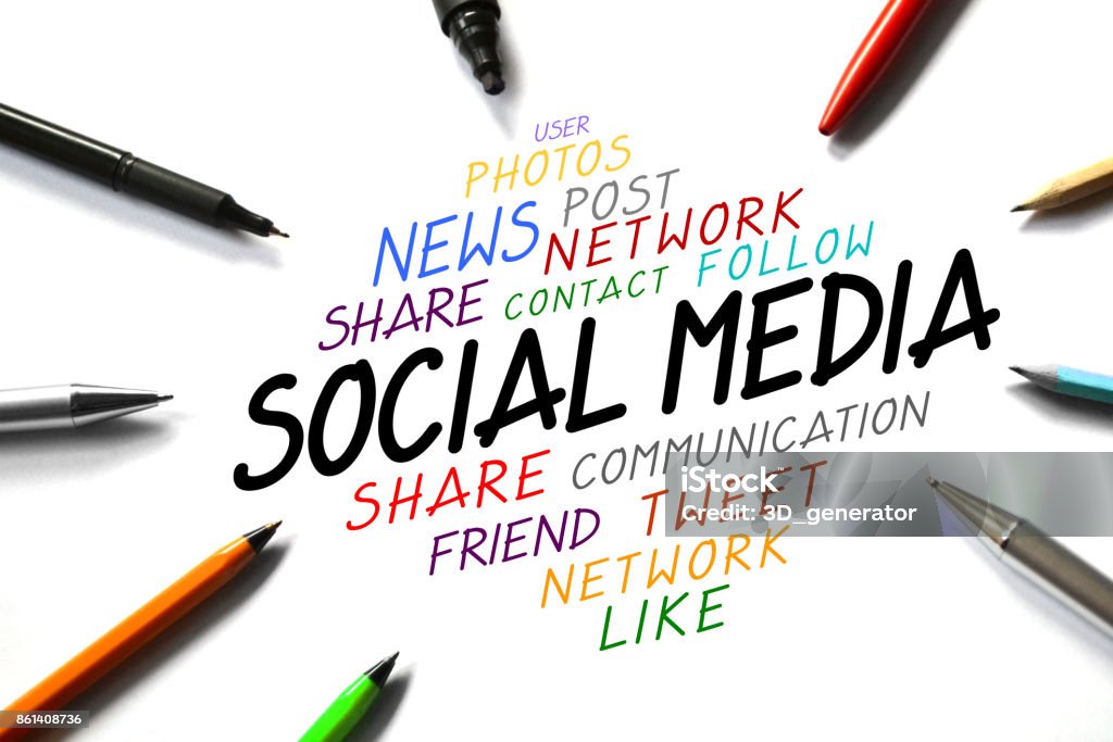 Social media conept "Social media" - handwritten words, pens, white background. Social Media Icon Stock Photo