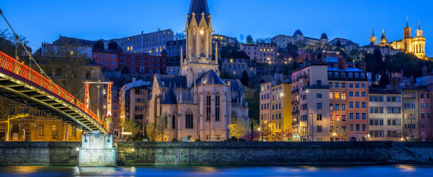 Famous church in Lyon Famous church in Lyon with Saone river at night george south africa stock pictures, royalty-free photos & images