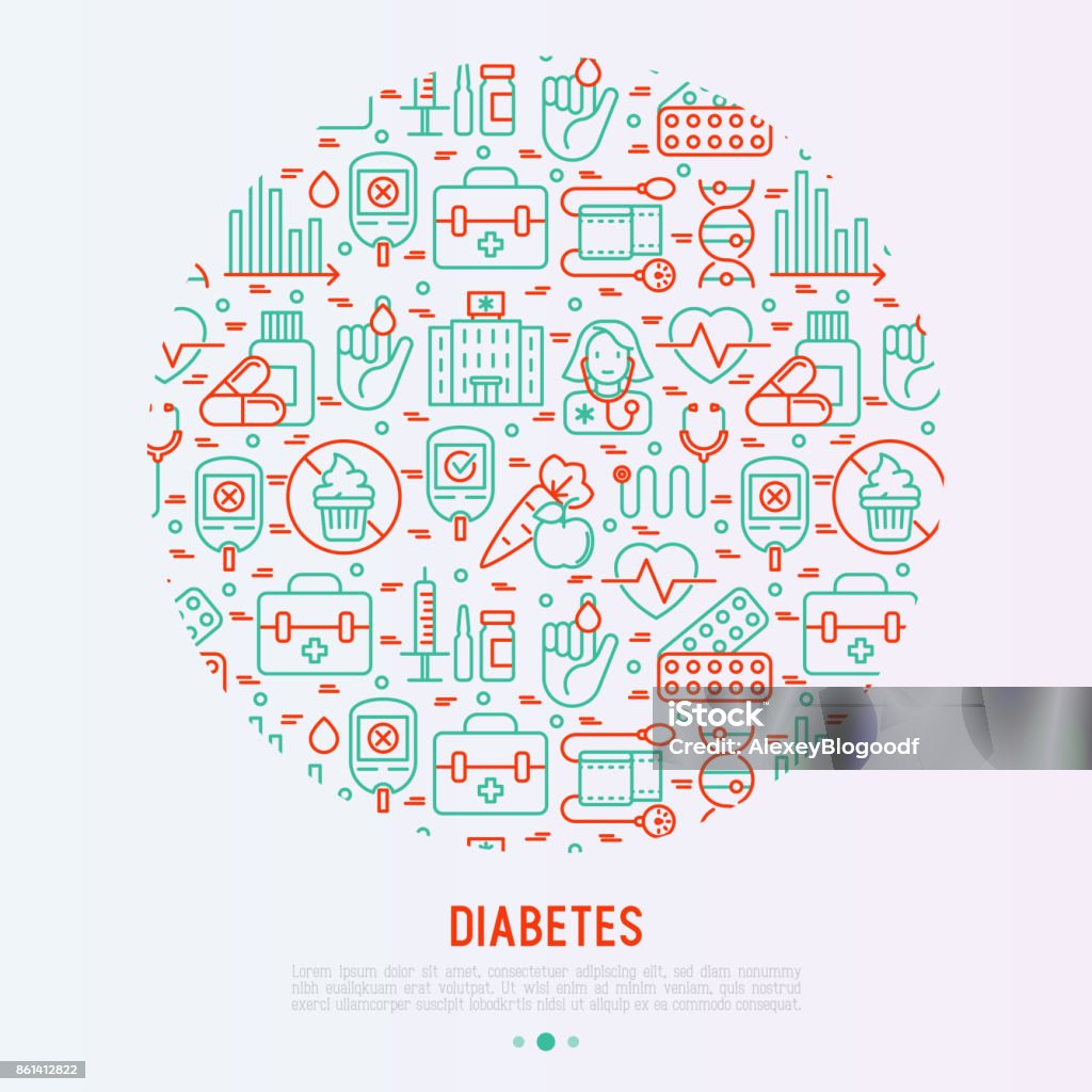 Diabetes concept in circle with thin line icons of symptoms and prevention care. Vector illustration for background of medical survey or report, for banner, web page, print media. Apple - Fruit stock vector