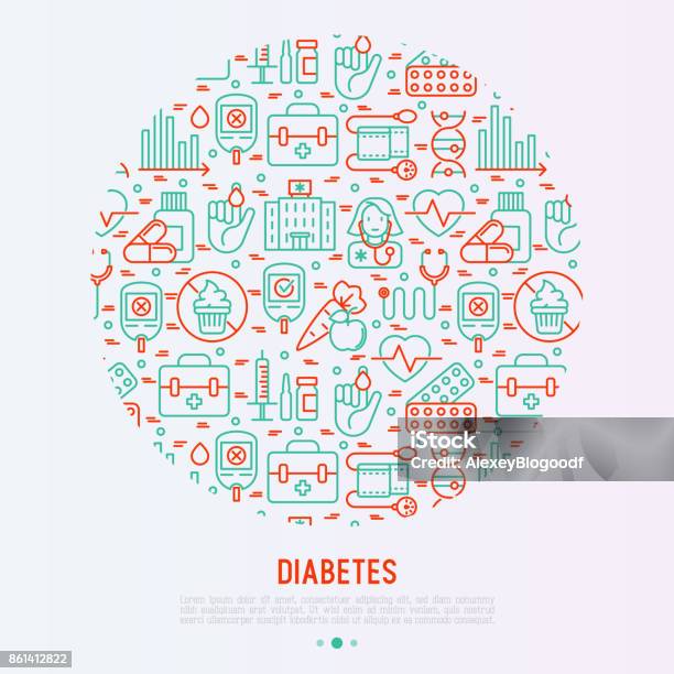 Diabetes Concept In Circle With Thin Line Icons Of Symptoms And Prevention Care Vector Illustration For Background Of Medical Survey Or Report For Banner Web Page Print Media Stock Illustration - Download Image Now