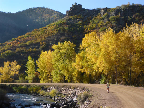 Woman runs South Platte River Waterton Canyon Colorado fall colors Rocky Mountains Running along the South Platte River on a dirt road, a woman with a ponytail and shorts enjoys the fall colors and cool temperatures in the Colorado Rocky Mountains. littleton colorado stock pictures, royalty-free photos & images