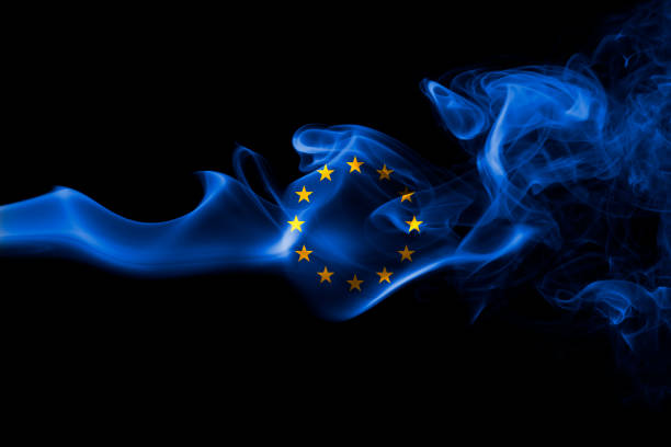 istock Eu smoke flag, european union 861421754