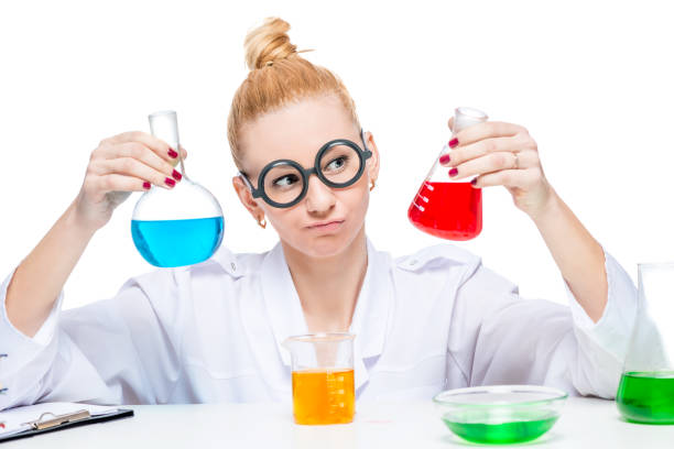 istock Crazy chemist with test tubes in hands, portrait isolated 861456862