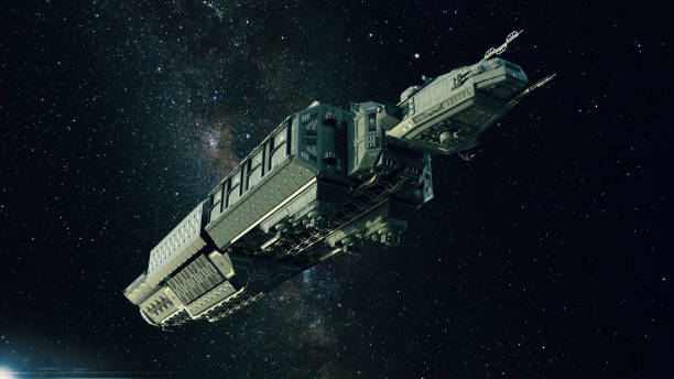 istock Spaceship in space, spacecraft flying through the universe with a bright star in distance, bottom view 861460088