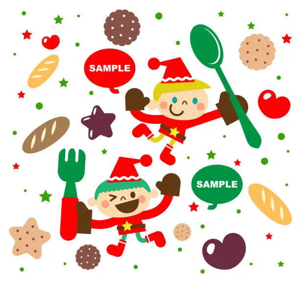 Vector illustration of Merry Christmas and New Year Greeting Card with sweet food and cute happy little boy children in Santa Claus clothes holding fork and spoon