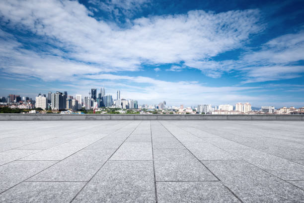 istock empty marble floor with cityscape of modern city 861477358