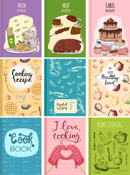 książka kucharskie obejmuje karty do projektowania kuchni szablon ręcznie rysowane kulinarne notatki cookie z doodle naczynia kuchenne ilustracja wektorowa - książki kucharskie stock illustrations