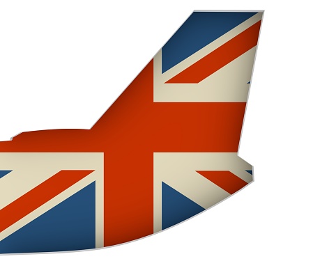 An airplane tail. Great Britain flag as backdrop. 3D rendering