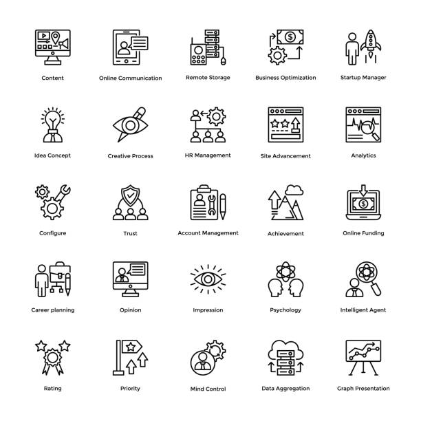 ilustrações de stock, clip art, desenhos animados e ícones de project management line vector icons set 16 - configure