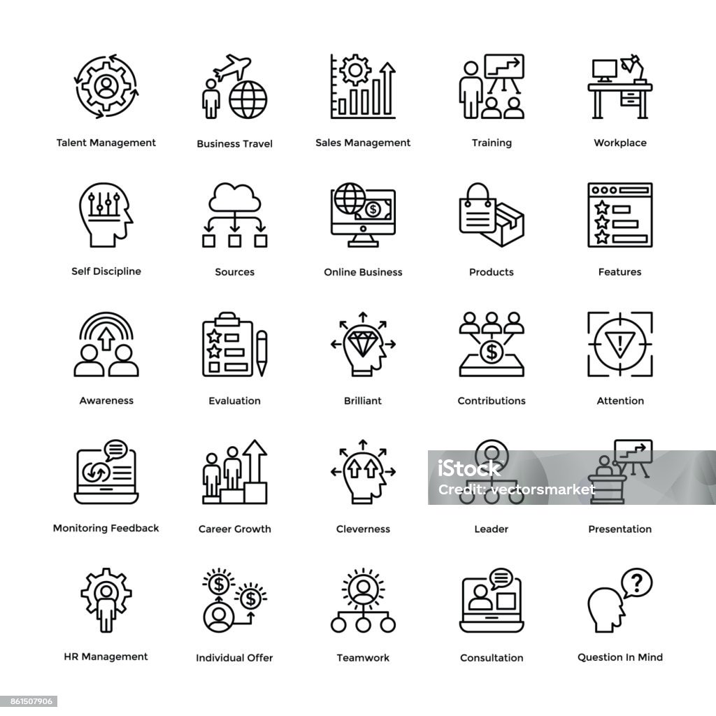 Project Management Line Vector Icons Set 17 If you were just about giving up and thinking of hiring a professional to create marvelous project management icons for your designs, then good save! This Project Management Line Vector Icons set is just Perfect. Self-discipline stock vector